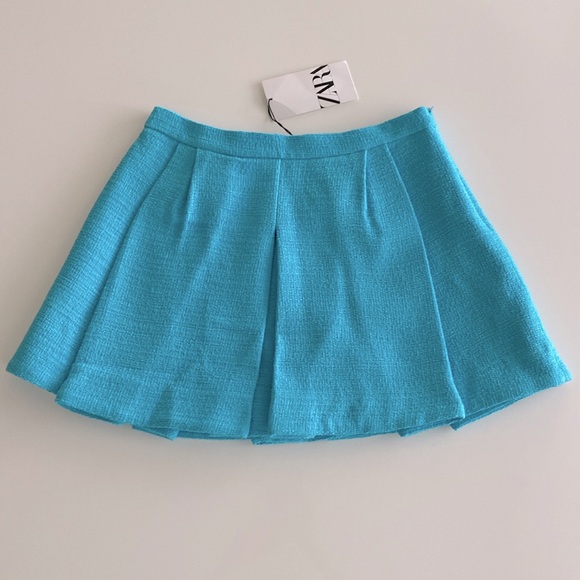 ZARA Tweed Pleated Mini Skirt Sky Blue New - Picture 10 of 12
